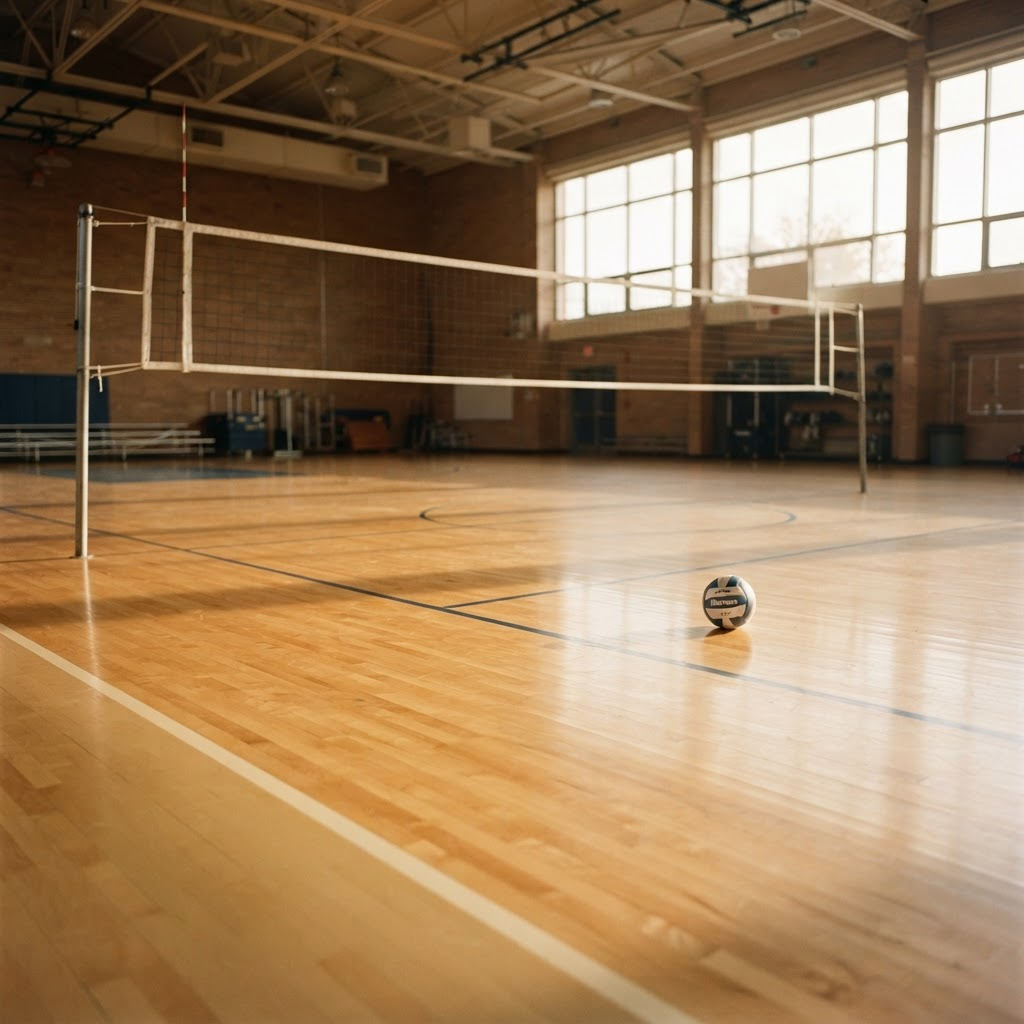 Binnensportzaal met een volleybalveld, net en bal in warm middaglicht